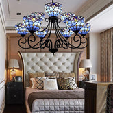 Victorian Stained Glass Chandelier - Multi-Head Tiffany Ornate Design in Brown/Blue for Hotels